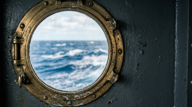 Nautical view through an aged brass porthole showing turbulent blue sea and overcast sky from inside a ship.
