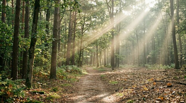 Enchanting forest path winding through tall trees, illuminated by dramatic sun rays breaking through morning mist, creating a magical atmosphere.