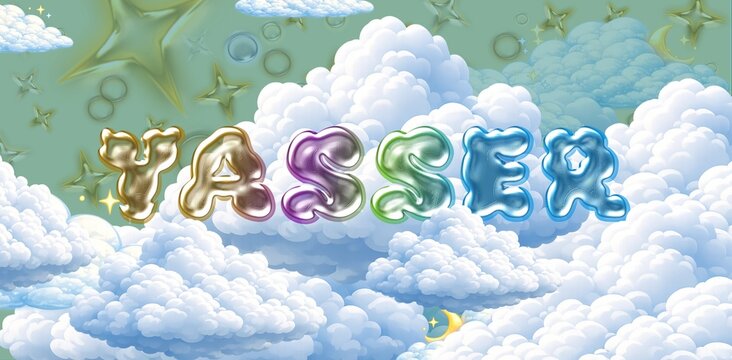 Yasser name. Colorful 3D Cloud Fantasy Background with Glossy Balloon Letters. Dreamy Sky, Stars and Soft Clouds Illustration.