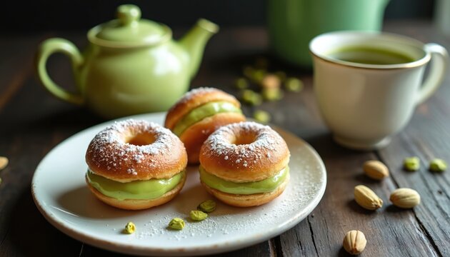 Three pistachio cream matcha cronuts dusted with powdered sugar sit on a plate. A cup of green tea and a teapot are nearby, with scattered pistachios around the table.