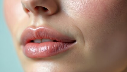 Fototapeta premium Close up of woman lips and nose. Focus on skin texture and subtle fine lines. Healthy smooth skin, part of face detail. Natural beauty shot, part of a person.