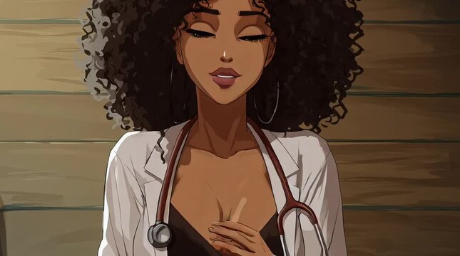 Serene African Anime Doctor in White Lab Coat and Black Bra with Curly Afro Hair and Stethoscope on Warm Wooden Background Anime Illustration Animation Ideal for Medical and Lifestyle Scenes