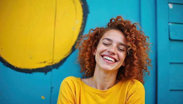 Young woman with red curly hair laughs joyfully against a bright blue wall with yellow circle art. She wears a yellow shirt and has freckles, conveying a feeling of pure happiness.