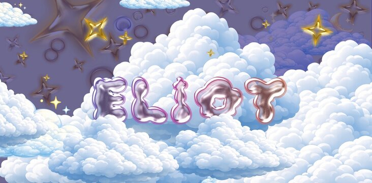 Eliot name. Colorful 3D Cloud Fantasy Background with Glossy Balloon Letters. Dreamy Sky, Stars and Soft Clouds Illustration.