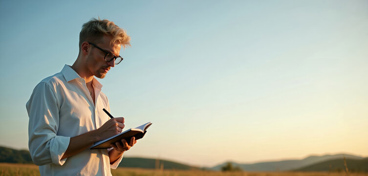 Man writes notes in notebook in nature at golden hour sunset light. Person focused on creative work outdoors during travel or vacation. Planning ideas, writing thoughts, jotting down.