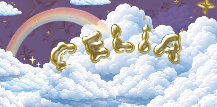 Celia name. Colorful 3D Cloud Fantasy Background with Glossy Balloon Letters. Dreamy Sky, Stars and Soft Clouds Illustration.