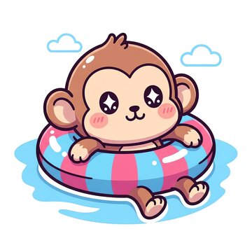 Cute Monkey Floating on Inflatable Ring.