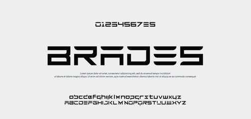 BRADES Abstract scifi modern alphabet fonts. Science fiction typography sport, technology, fashion, digital, future creative logo font. vector illustration © Mr.Bunny