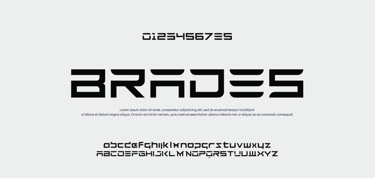 BRADES Abstract scifi modern alphabet fonts. Science fiction typography sport, technology, fashion, digital, future creative logo font. vector illustration