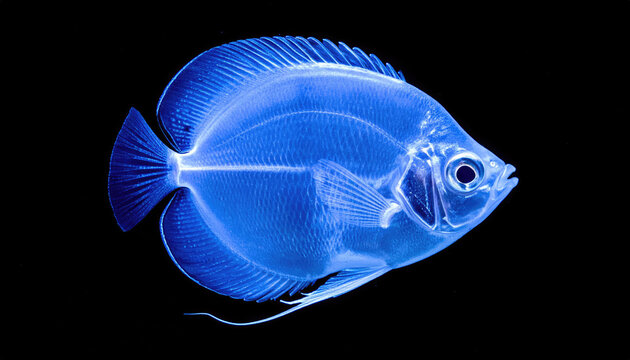 A mesmerizing blue translucent fish showcases its intricate skeletal structure in a captivating display of marine biology