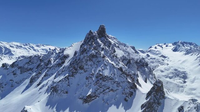Aerial view of snowcapped French alps by winter shot with drone