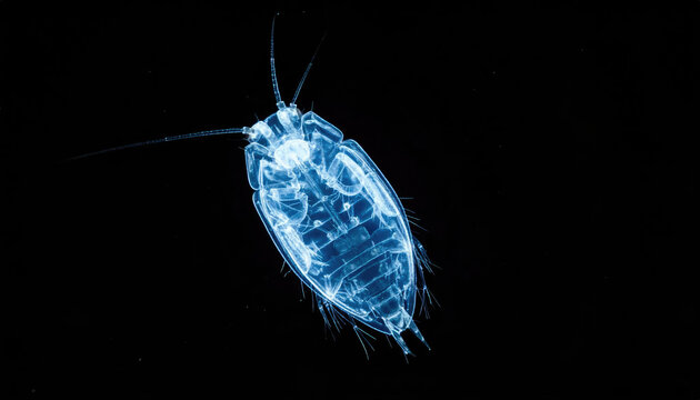 Microscopic view of a copepod in vibrant blue against a black background. The image highlights the intricate details of the organism