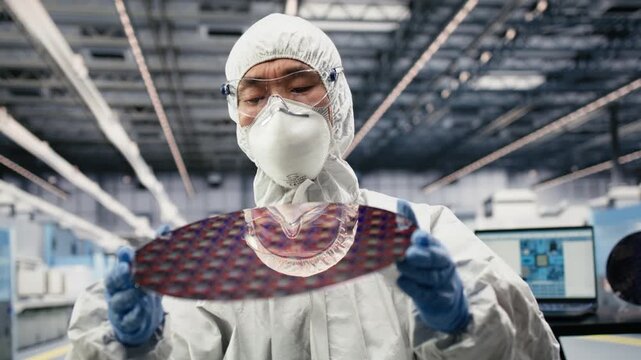 Researcher carefully carrying silicon wafer in research facility, trialing advanced materials. QC technician inspecting delicate semiconductor substrate, optimizing photolithography process