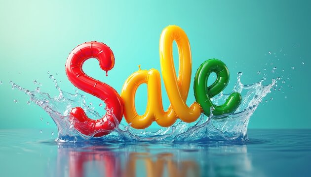Colorful inflatable word Sale emerging from water splash. Bright balloons form letters, creating a dynamic promotional visual. Perfect for summer discounts and retail events.