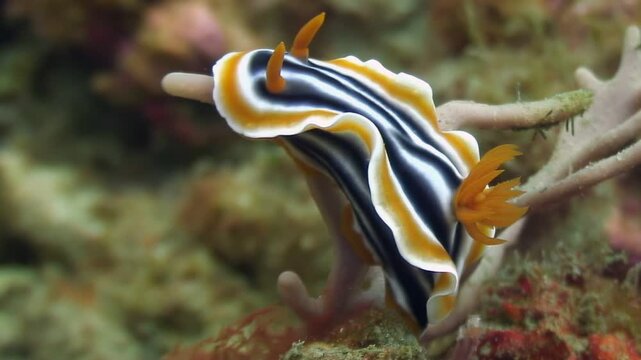 A beautiful Chromodoris annae nudibranch crawls slowly across colorful coral in the warm, clear waters of the Indo-Pacific ocean during a bright sunny day.