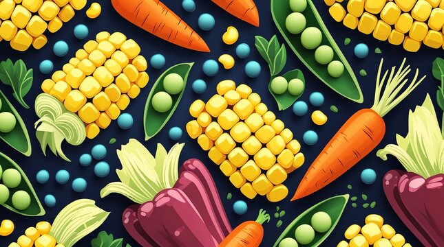 Vibrant Vegetable Medley Pattern with Corn Carrots Peas and Peppers.