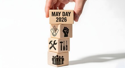 Stack of wooden blocks with 'May Day 2026' and labor symbols, representing the International Workers' Day celebration