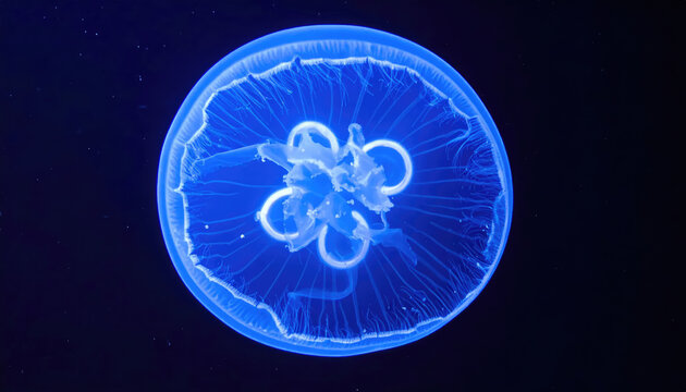 A captivating jellyfish glows in the deep blue ocean, gracefully floating