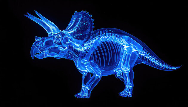 A fascinating x-ray of a triceratops skeleton, highlighting the intricate bone structure in blue against a black backdrop