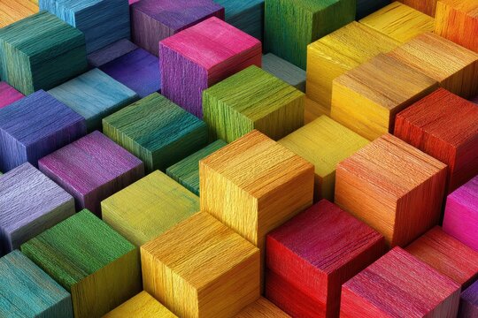 Vibrant Abstract Rainbow Cubes Ascending in a Textured Grid Pattern with Dynamic Lighting and a Detailed Macro View of Small Particles Creating a Sense of Depth and Order