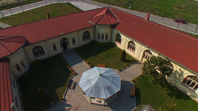 Aerial Top Down View of the Historic Yenikapi Mevlevi Lodge Courtyard in Istanbul