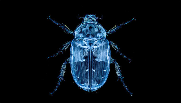 X-ray imaging of a beetle. The image reveals the intricate skeletal structure of the insect