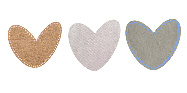 Set of three paper heart shapes including kraft and silver textures with drawn borders on a transparent background