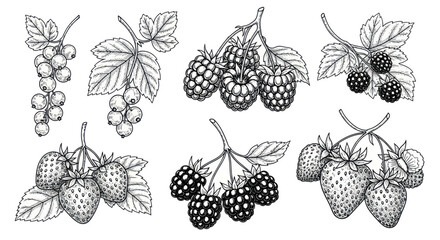 Hand-drawn Berry Collection: Strawberries, Raspberries, Blackberries, Currants © gan