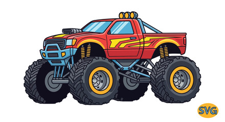 Red Monster Truck with Oversized Tires and Custom Graphics - Vector Illustration © gan