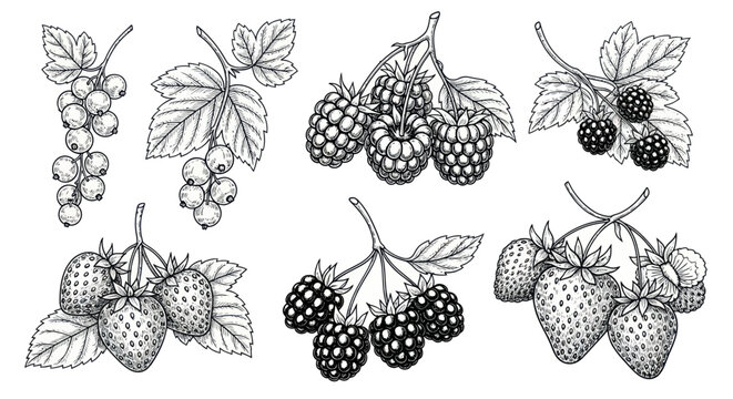 Hand-drawn Berry Collection: Strawberries, Raspberries, Blackberries, Currants