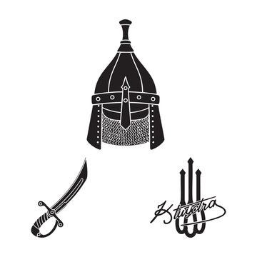 Ottoman Warrior Icons Janissary Helmet Yatagan Sword Tughra Silhouette Vector