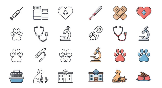 Veterinary Clinic Icons Set: Pet Care, Health, and Medical Symbols