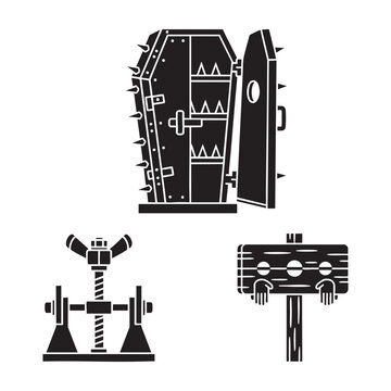 Medieval Torture Device Icons Iron Maiden Thumbscrew Pillory Silhouette Vector