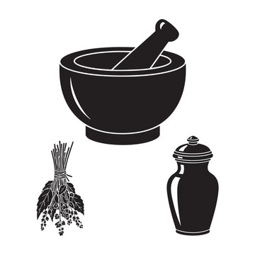 Medieval Apothecary Icons Mortar Pestle Herb Bundle Albarello Jar Silhouette Vector