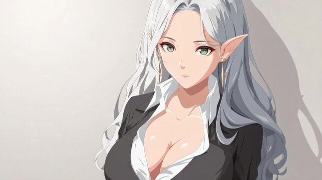 Busty Elf Anime Businesswoman with Silver Hair Green Eyes and Pointy Ears in Black Blazer and White Open Shirt on Pale Background Anime Illustration Animation Embodying an Elegant Fantasy Office Lady