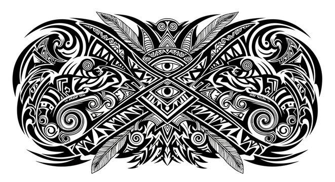 Ornate black and white tribal art illustration with symmetrical patterns, feathers, and an all-seeing eye motif, ideal for tattoo.