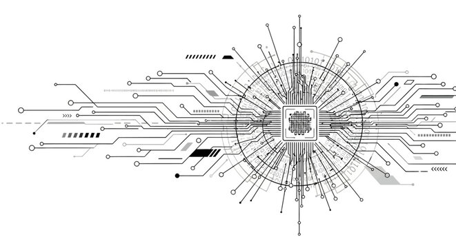 Abstract digital technology background with circuit board pattern and central processing unit (CPU) concept for artificial intelligence and data.