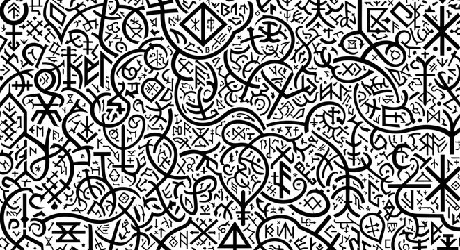 Abstract mystical symbols seamless pattern. Esoteric magic background with hand-drawn ancient glyphs and runic sigils. Spiritual texture.