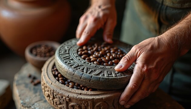 Hands prepare coffee beans with ancient stone metate tool. Grinding with Mayan carvings shows tradition skill. Rustic preparation for hot drink.