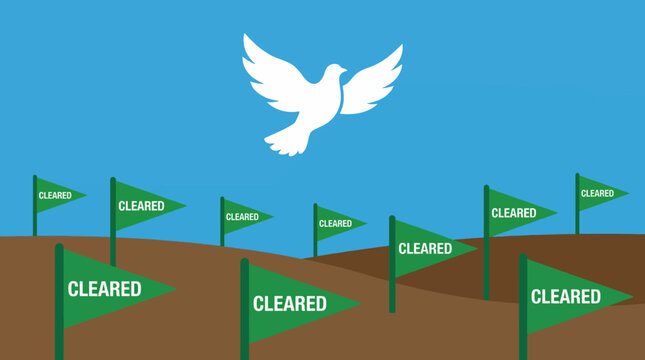 Symbolic vector of a white dove flying over a field marked with "cleared" green flags