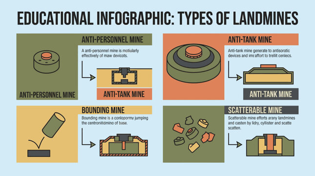 Educational infographic elements showing different types of landmines in a flat technical vector style