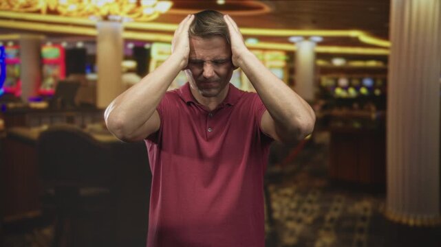 Man holding head with both hands in casino building, grimacing over lost bets at glowing slot machines; distress loss regret.