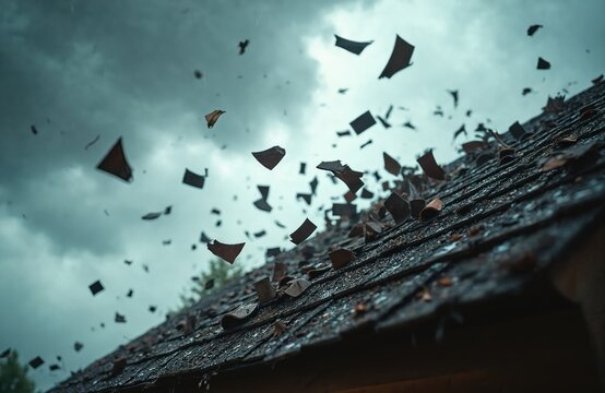Storm wind tears roof shingles off house. Dark cloudy sky overhead. Debris flies through air. Severe weather causes house damage. Nature fury hits home.