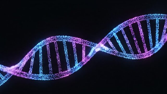 Abstract DNA double helix structure with glowing particles representing genetic code and scientific research.