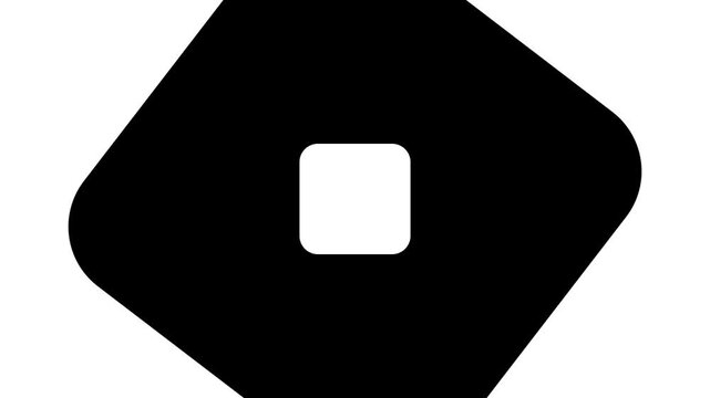 Black and white geometric transition with rotating and scaling rounded square shape.