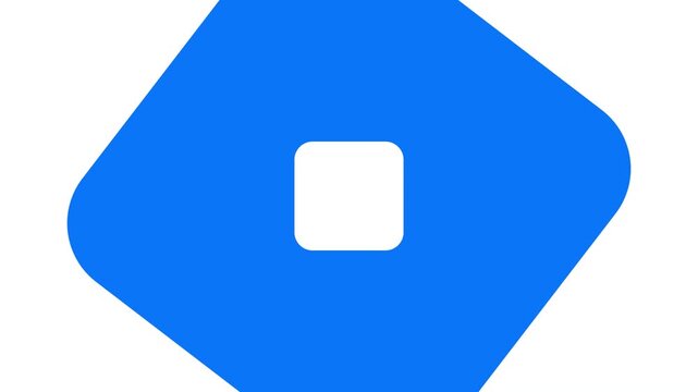 Blue and white geometric square transition with zoom and rotation effect for video editing.
