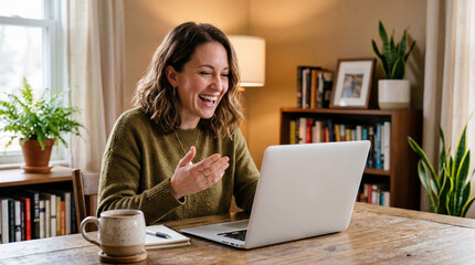 Fototapeta premium Woman having video call on laptop at home office desk