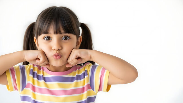 Charming portrait of an adorable young girl with pigtails making a playful pouting face, showcasing her innocence and fun-loving spirit against a clean white background