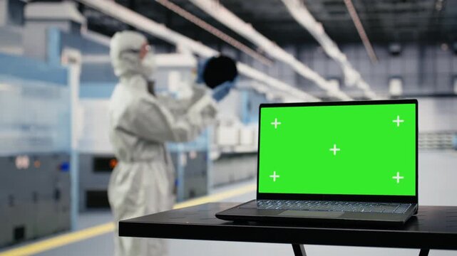 Isolated screen laptop used by industrial microchip fab technician assessing hardware fabrication schedule. Professional uses chroma key notebook to oversee semiconductor manufacturing plant, camera B