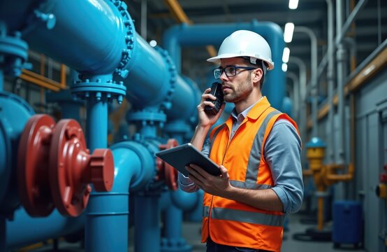 Engineer wearing hard hat and vest speaks on radio while holding tablet. Man works with large blue pipes and industrial equipment in pump room. Checks systems on device.